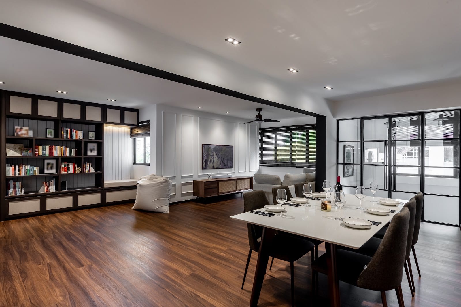 Modern contemporary HDB resale living room with bespoke media wall and fluted wood panelling
